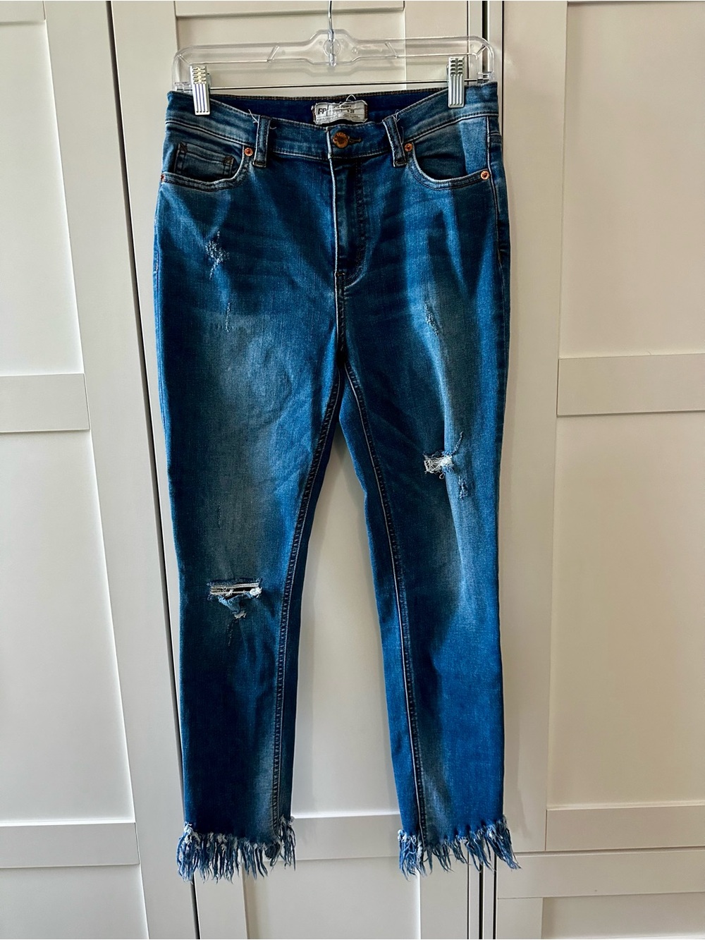 Free People Dark Blue Distressed Jeans with Frayed Hem